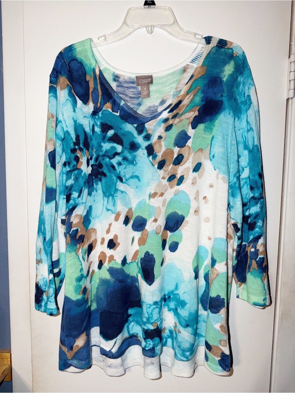 Chico's Teal Blue Floral Watercolor V-Neck Sweater NWOT XXL